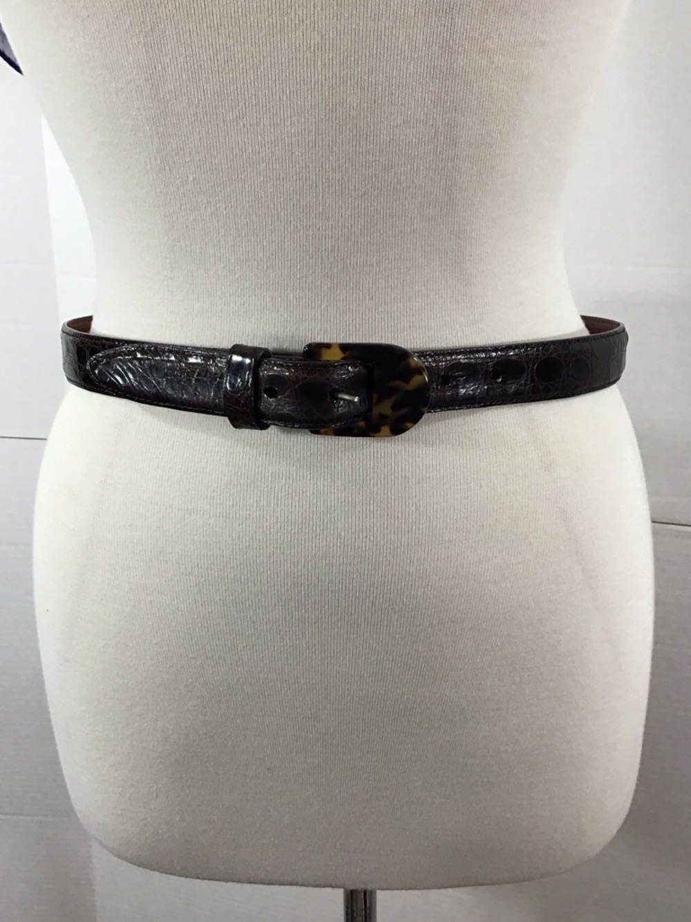 Vintage Encueros Dark Brown Crocodile Leather Belt with Tortoiseshell Buckle 30
